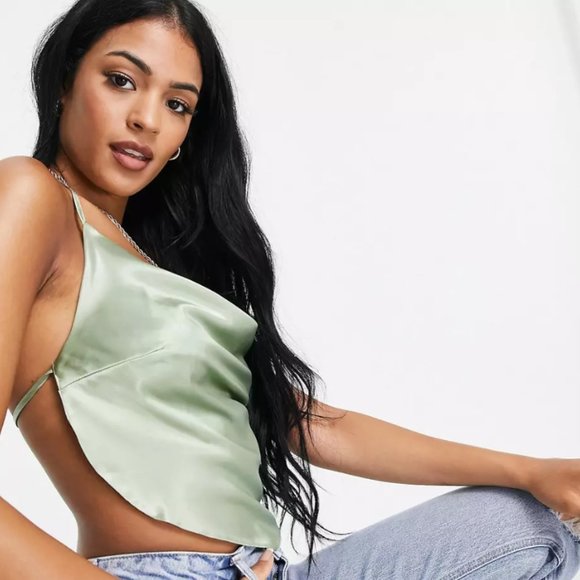 ASOS - Satin Scarf Double Tie Halter Top in Sage, Size 12 - Picture 2 of 7